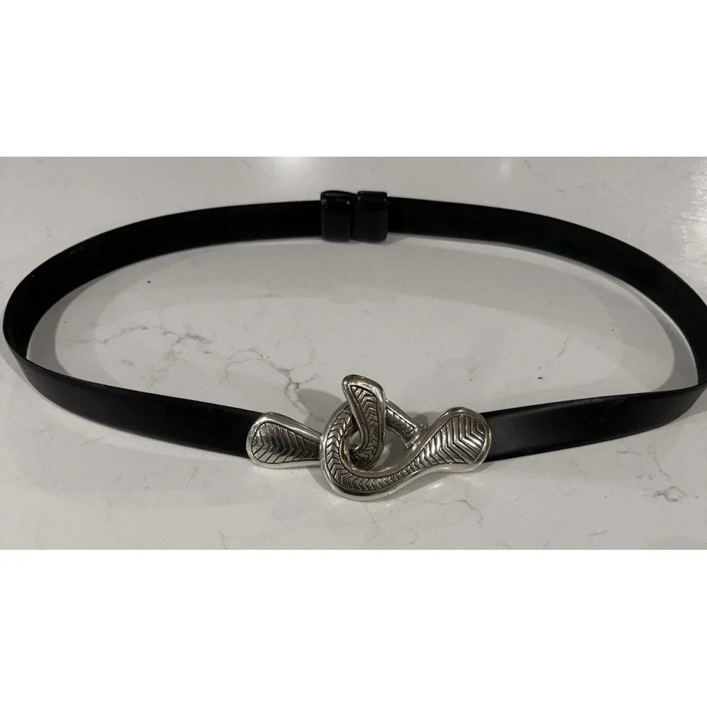 Chicos Vintage Metal Clasp Black Leather Adjustable Slide Belt Snake
